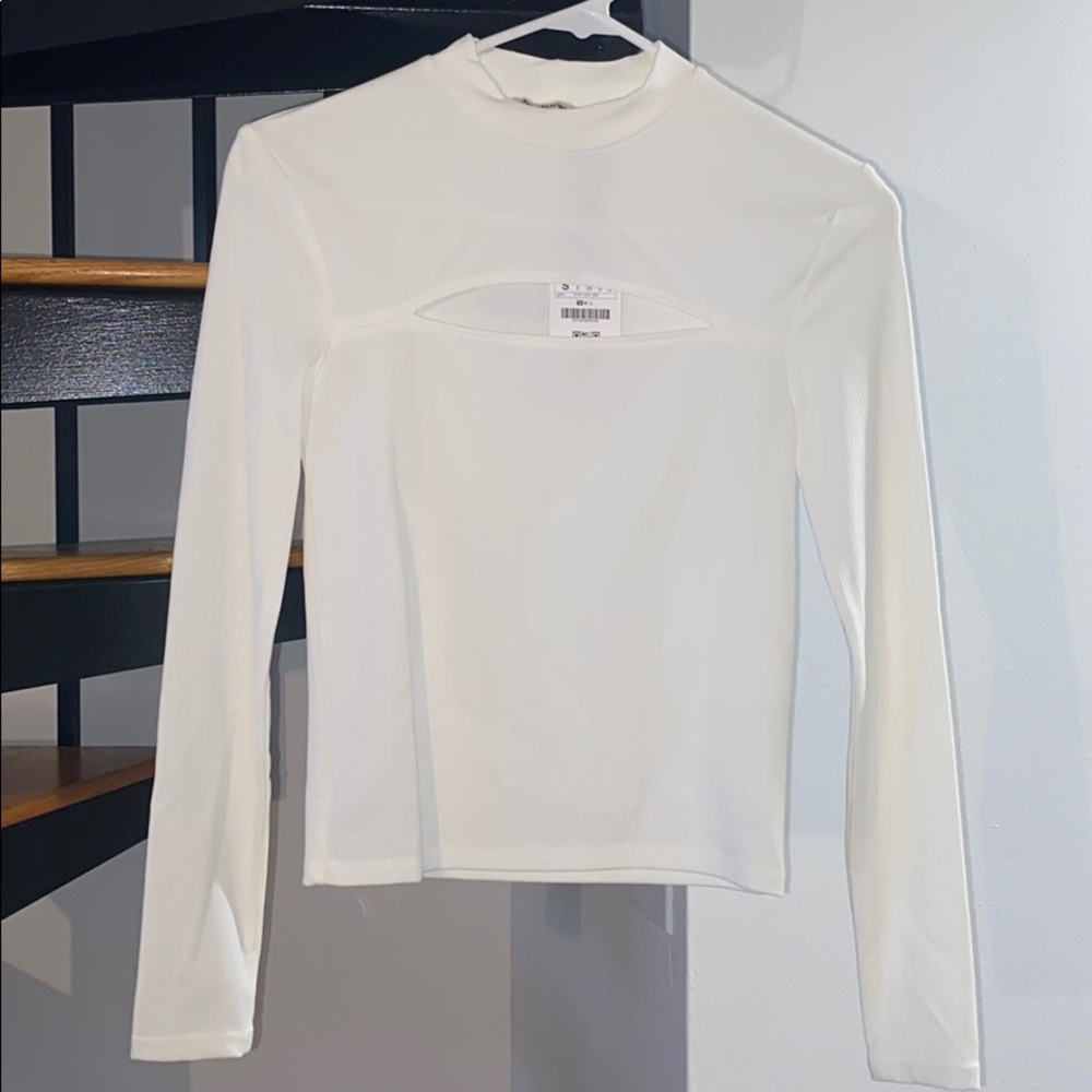 White mock neck top with cutout